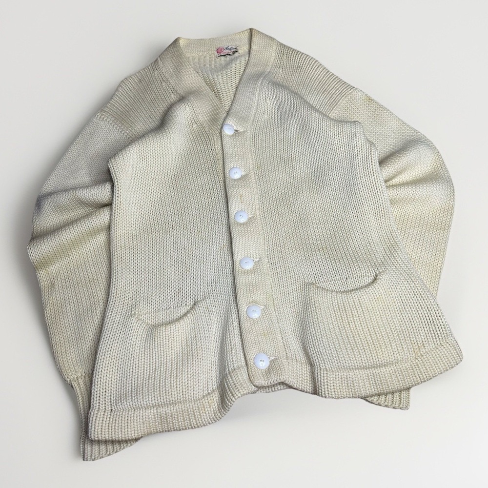 True Vintage 50s Indian Brand Goodman Knitting Cardigan Sweater Mens Small Wool